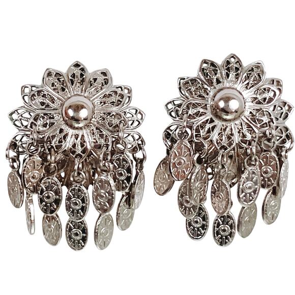 Vintage Mid Century Silver Tone Filigree Dangle Charm Tassel Clip On Earrings - Picture 1 of 12